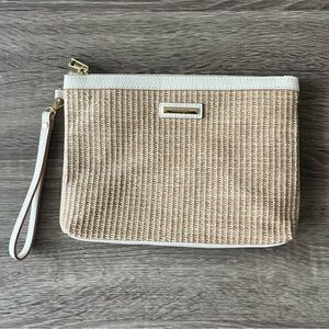 NWOT- Nanette Lepore straw Woven wristlet bag with white trim and gold Zipper